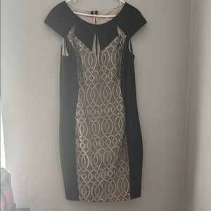 CB Casual Cream and Black Sheath Dress Cold Shoulder Mini 20